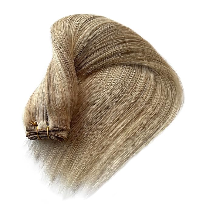Blonde Weft Hair Extensions Human Hair, 20 Inch 100G Platinum Blonde Hair Extensions Real Human Hair Wefts Hand Tied Silky Straight Highlights Sew in Hair Bundles