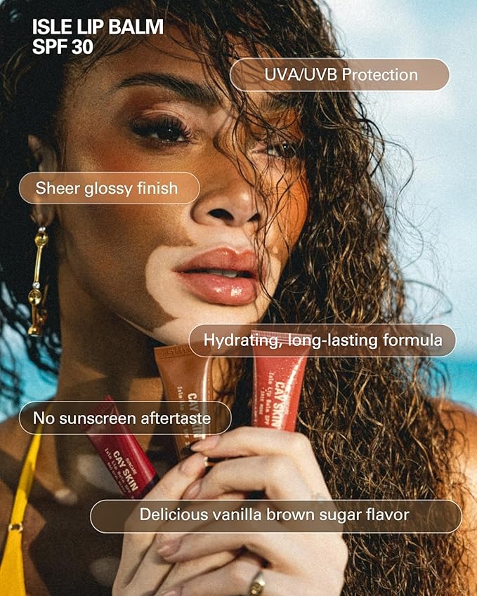 Cay Skin Isle Lip Balm SPF 30 – High Shine, Hydrating + Sheer Lip Gloss in Vanilla Brown Sugar Flavor – Formulated with Natural Ingredients for All Skin Tones – Nude Ting, 0.35 oz