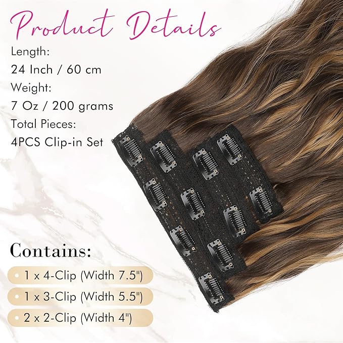 REECHO Clip in Hair Extensions, 4PCS Blonde Hair Extensions 24" Thick Long Beach Waves hair extensions HE003 Invisible Lace Weft Natural Soft Hairpieces for Women – Dark Brown with Highlights