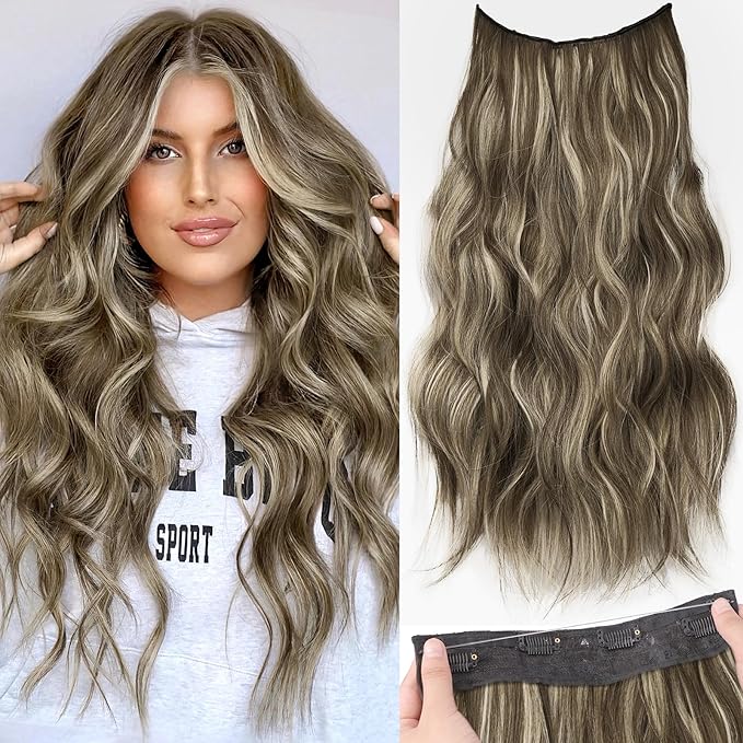 KooKaStyle Invisible Wire Hair Extensions with Transparent Headband Adjustable Size 4 Secure Clips Long Wavy Secret Wire Hairpiece 20 Inch 18H24#Medium Brown Ash Blonde for Women