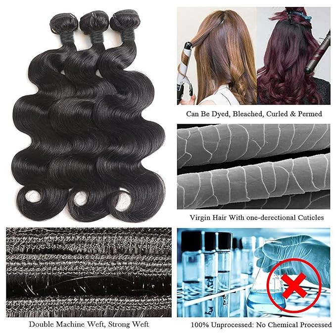 12A Human Hair Bundles 16 18 20 Inch Body Wave Bundles Human Hair Unprocessed Brazilian Virgin Raw Remy Hair 3 Weaves Bundles for Women Natural Color