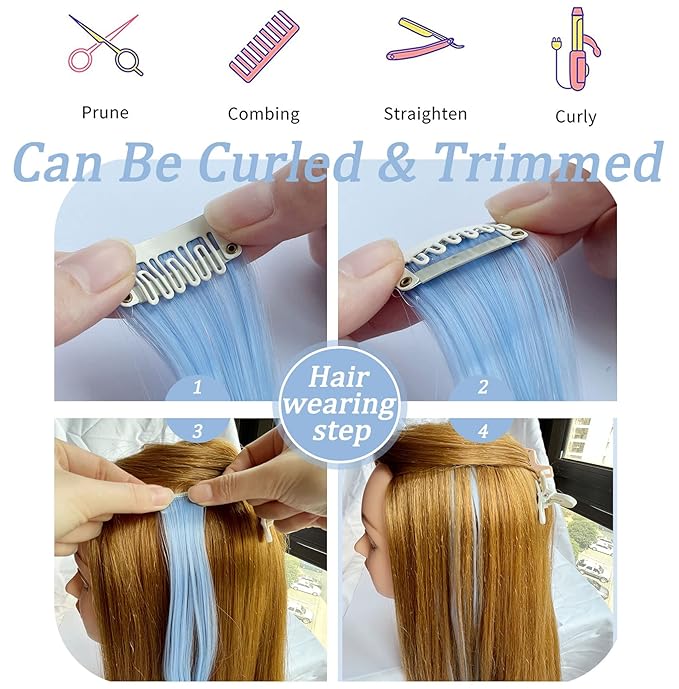 12PCS 20Inch Light Blue Light Purple Multicolored Hair Extension Clip in Party Highlights Straight Synthetic Hairpieces Halloween Cosplay Christmas Hair Accessories Gift for Teen Girls