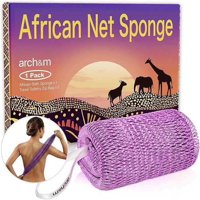 African Exfoliating Net Sponge Afroscrub - Authentic African Net Sponge with Knots Exfoliating Wash Cloths for Body Scrubber Back Scrub Exfoliator for Shower Bath Accessories Lavender by ARCH&M