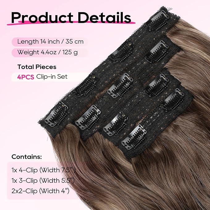 REECHO Clip in Hair Extensions - 14" Short Beach Wavy Hairpieces with Invisible Lace Weft - Natural Soft, Chocolate Brown with Highlights