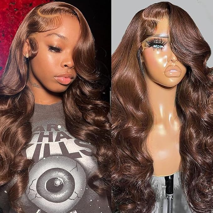 13x6 Chocolate Brown Body Wave Lace Front Wigs Human Hair Pre Plucked with Baby Hair 18Inch 180% Density Full HD Transparent Lace Frontal Wigs for Women Colored Wigs