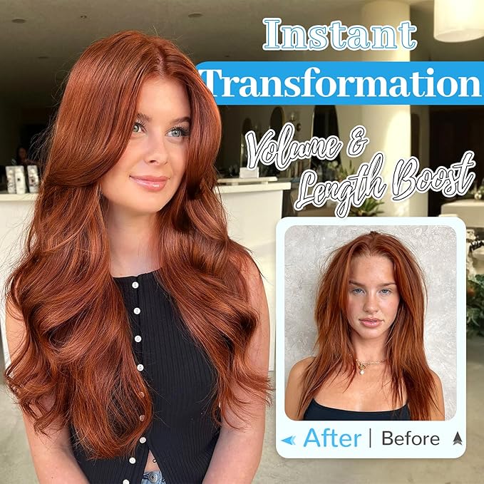 KooKaStyle Invisible Wire Hair Extensions Long Wavy Layered Synthetic Hair Extensions with Transparent Wire Adjustable Size 6 Secure Clips Auburn Hairpieces for Women 20 Inch