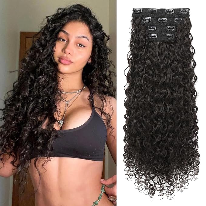 LONAI 4PC Clip in Hair Extensions, 100％ Pure Protein Silk Curly Hair Extension for Women, 26 Inch Long Soft Natural Hair Extensions-Dark Chocolate Brown