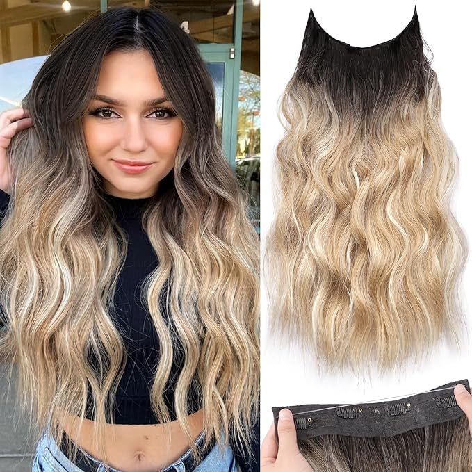 KooKaStyle Invisible Wire Hair Extensions with Transparent Headband Adjustable Size 4 Secure Clips Long Wavy Secret Wire Hairpiece Brown to Blonde mix Highlight 20 Inch for Women