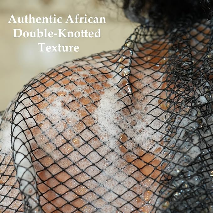 African Exfoliating Net Sponge Authentic – 2 Pieces African Bath Sponge with Knots, Quick-Drying Body Scrubber, 45 inches Stretch Exfoliating Washcloth Loofah for Women & Men (Champagne+Baby Blue)