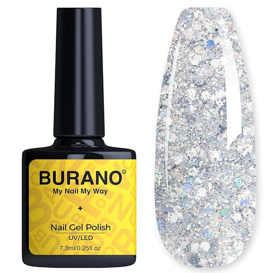 BURANO Glitter Gel Nail Polish with LED UV Curing, Sparkle Gel Holographic Effect, Soak off, No Chip Home DIY Salon (Silver LP19)