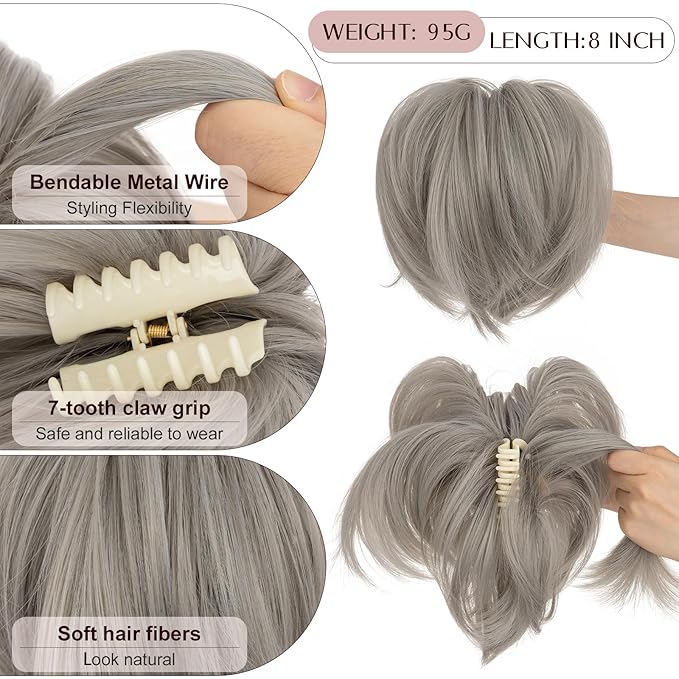 Claw Clip Short Ponytail Hair Extensions Messy Bun Hair Piece Pony Tails Hair Extensions with Bendable Metal Wire Hair Pieces DIY Style 8 Inch 88A