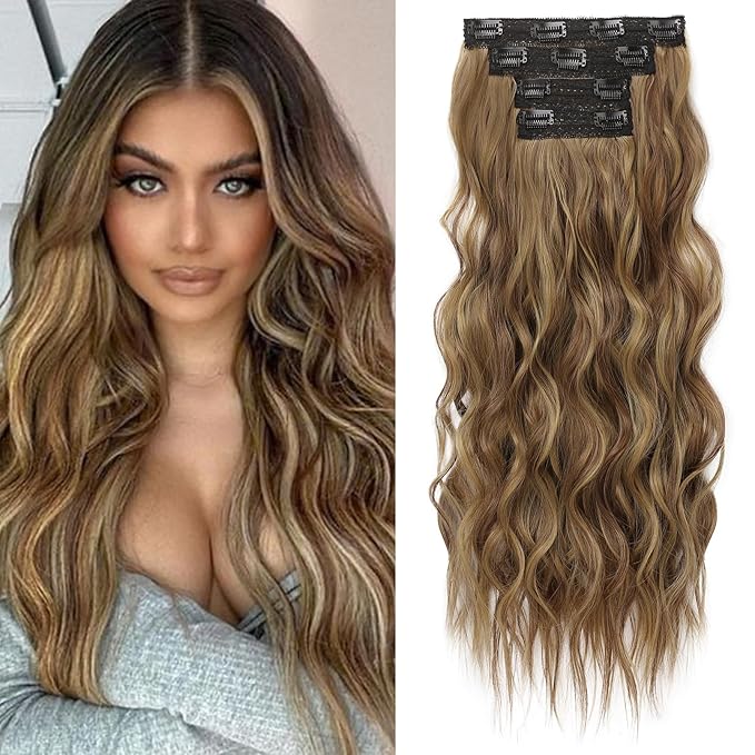 REECHO Clip in Hair Extensions, 4PCS Hair Extensions 24" Thick Long Beach Waves hair extensions Invisible Lace Weft Natural Soft Hairpieces for Women – Medium Reddish Brown with Highlights