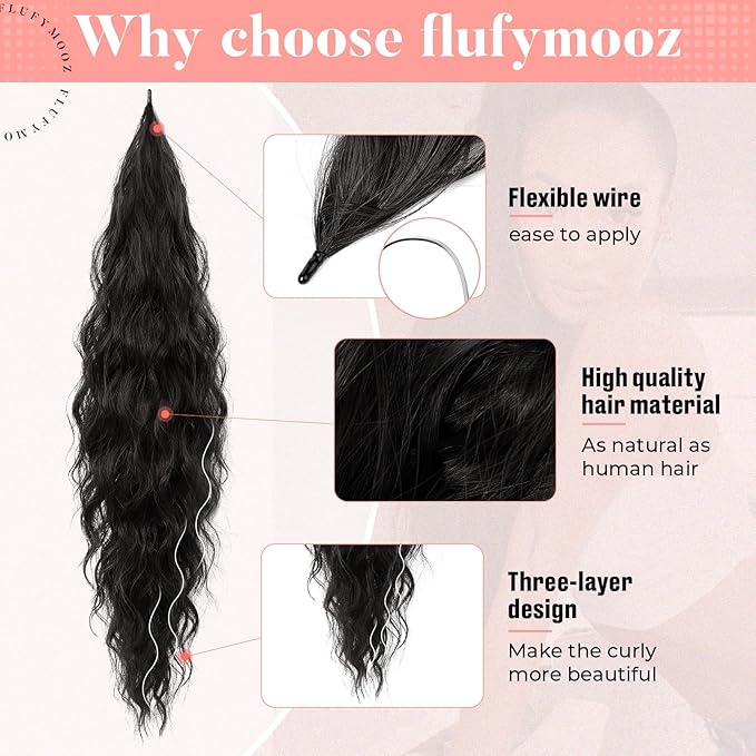 Flufymooz Ponytail Extension, Flexible Wrap Around Ponytail Extension Long Wavy Curly Ponytail Hair Extensions Natural pony tail Synthetic Hairpiece for Women 26 Inch (Black Brown)