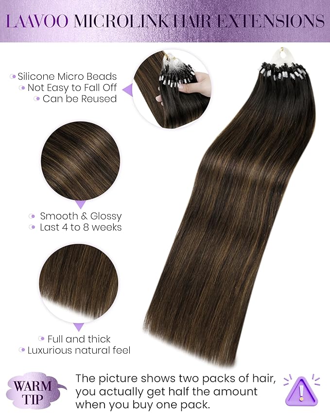 LaaVoo Microlink Hair Extensions Human Hair Darkest Brown Mix Light Brown Balayage Ombre Micro Hair Extensions Human Hair Brown 50g 50s 22 in