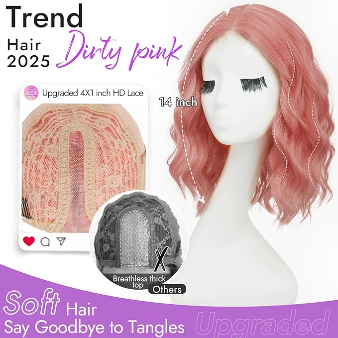 Dirty Pink Short Wavy Wig for Women Lace Hairline Bob Style Synthetic Heat Resistant - Natural Appearance for Everyday Hairstyle 14 Inch