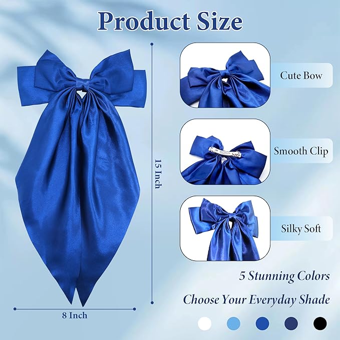 Blue Big Hair Bow for Women - 5Pcs Large Hair Clips for Girls Silky Satin Bows Set, Oversized Long Tail Cute Hair Ribbons Barrettes Aesthetic Hair Accessories Hairbows Gifts