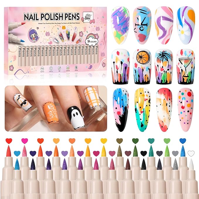 24 Colors Nail Art Pens Set, Professional Nail Polish Markers with Fine Tip & Dotting Brush, MarkerPen Quick-Drying 3D Acrylic Paint for DIY Nail Art Design, Home and Salon Manicure Tools
