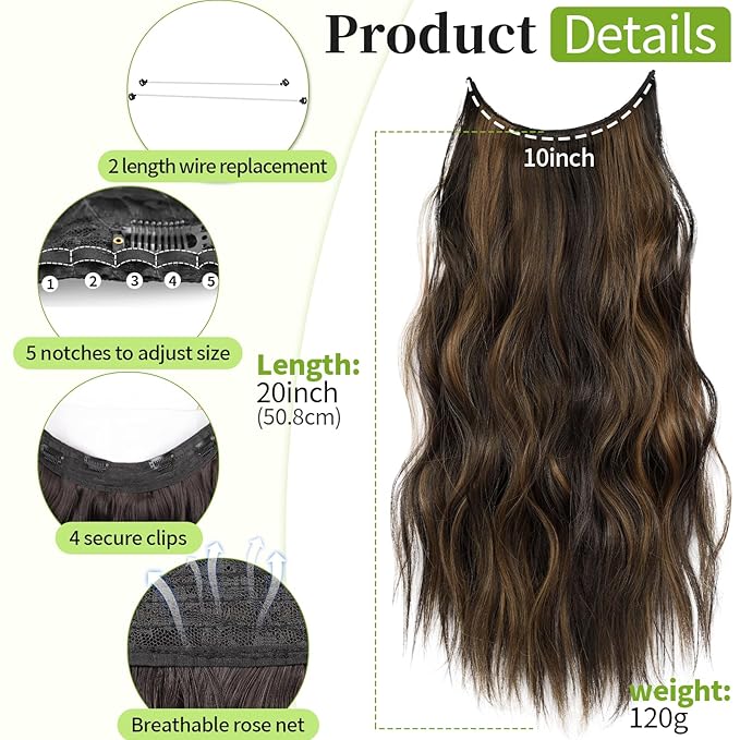 KooKaStyle Invisible Wire Hair Extensions with Transparent Headband Adjustable Size 4 Secure Clips Long Wavy Highlight Hairpiece 20 Inch H2/426alayage Dark Brown to Chestnut for Women