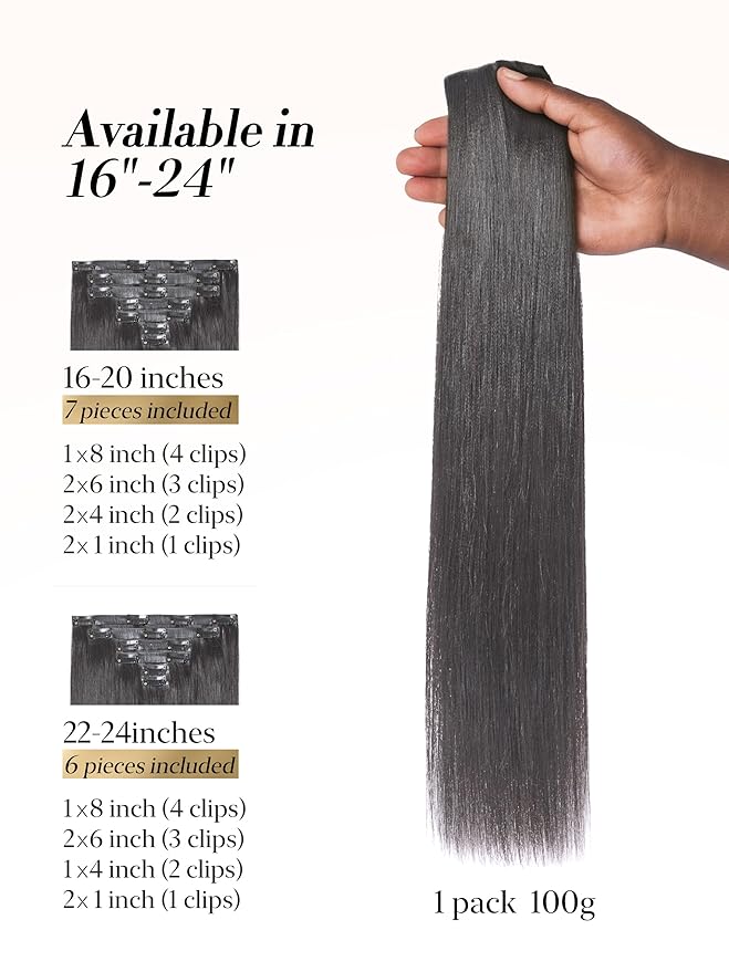 LUVME 0.59mm Zero Trace Invisible Clip in Hair Extensions, Yaki Straight 7 Pcs 100g 18 Inch, 100% Real Human Hair Clip Ins, Seamless Invisible Weft and Natural Yaki Texture for Daily Wear & Travel