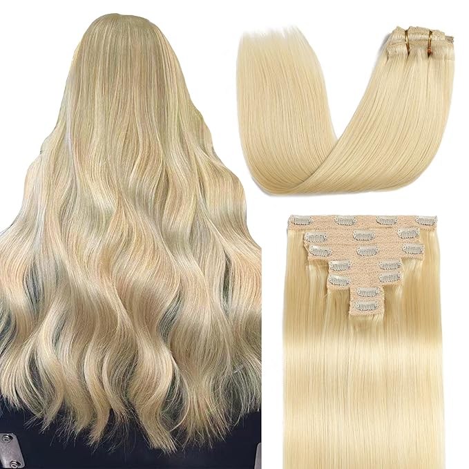 Sisily Clip in Hair Extensions Real Human Hair, 18 inch 120g, Bleach Blonde, 100% Brazilian Remy Human Hair Clip in Extensions Soft Straight 7pcs Per Set with 16 Clips Double Weft