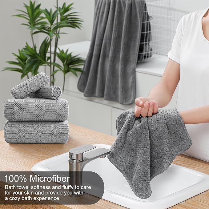 8 Piece Bath Towel Set-2 Oversized Bath Sheets(35"x70"),2 Hand Towels,4 Washcloths-Extra Large Microfiber Towel Sets,Less Lint Highly Absorbent & Quick Dry Bath Towels for Bathroom Gym Pool,Grey