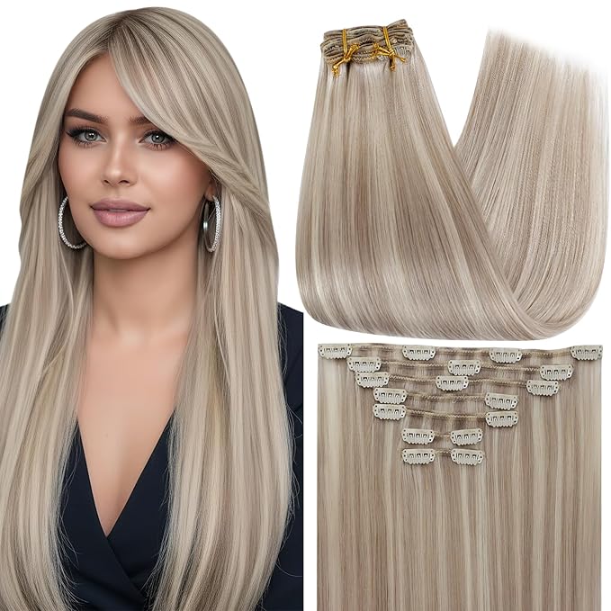 Full Shine Ash Blonde Hair Extensions for White Women 12 Inch Highlight Ash Blonde Hair Extensions Clip in for Short Hair 7 Pcs 95 G