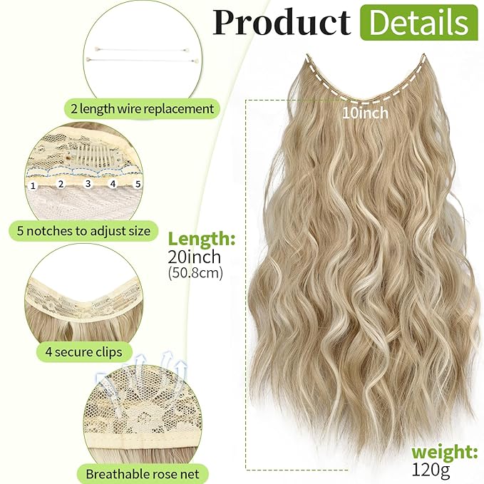 KooKaStyle Invisible Wire Hair Extensions with Transparent Wire Headband Adjustable Size 4 Secure Clips Long Wavy Synthetic Hairpiece for Women(20inch Beige Blonde mix Lvory Blonde Highlights)