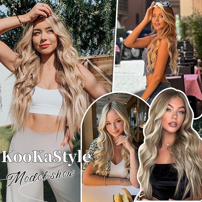 KooKaStyle Invisible Wire Hair Extensions with Transparent Headband Adjustable Size 4 Secure Clips Long Wavy Secret Wire Hairpiece 16 Inch 9H60A#Ash Brown mix Platinum Blonde for Women