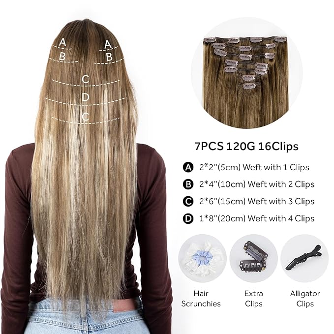 Clip in Hair Extensions Real Human Hair, Silky Straight Remy Hair Extensions for Women, Balayage Walnut Brown to Ash Brown and Bleach Blonde #3TP8/613 22Inch 120G 7PCS