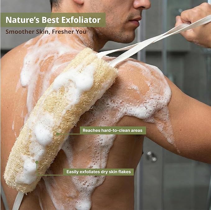 Natural Loofah Exfoliating Back & Body Scrubber Set | 40" Natural Whole Loofah Back Scrubber with Handles for Deep Cleansing | 100% Plant-Based Eco Luffa Shower Sponges for Women & Men