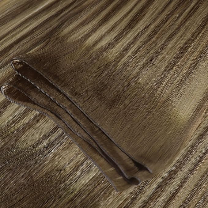 Fshine Genius Weft Hair Extensions Real Human Hair Balayage Sew in Extensions Medium Brown Mixed Caramel Blonde 22 Inch Straight Hair Weft Extensions Human Hair For Women 50g