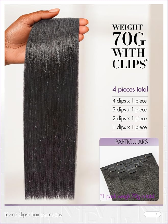 LUVME Yaki Straight Seamless 70g 4Pcs Clip in Hair Extensions Full Max with 20inch Remy Human Hair Clip ins Extensions, Natural Black 100% Real Soft Hair