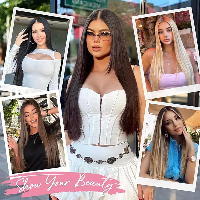 Clip in Hair Extensions Long Straight Hairpieces 22 Inch 4PCS Ultra-thin and breathable Hairpieces Fiber Double Weft Hair for women Balayage Chocolate Brown to Caramel Blonde Color