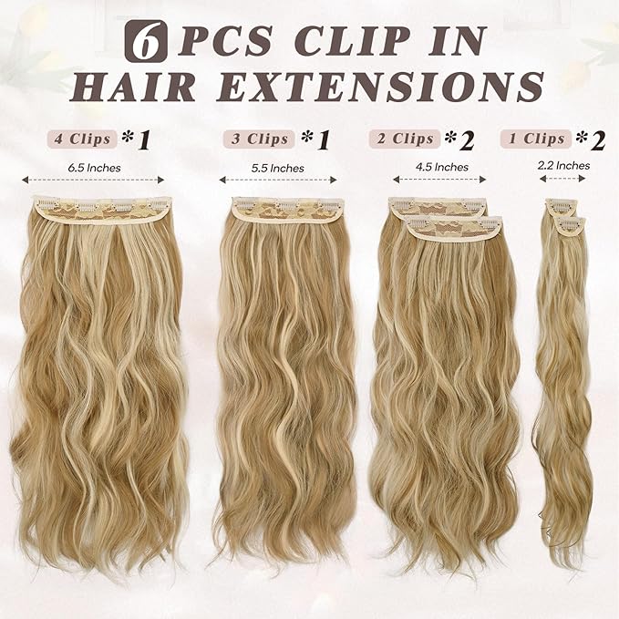 BARSDAR Golden Blonde Clip in Hair Extensions - 6PCs Beach Wavy Blonde Highlight Clip in Hair Extensions for Women - 20 Inch Thick Soft Synthetic Clips on Hairpieces Daily Party Halloween