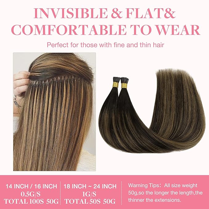 GOO GOO I Tip Hair Extensions - Real Human Hair, 14in 50g 100S, Cold Fusion, Invisible Remy, 1B/6/1B Balayage Natural Black to Chestnut Brown
