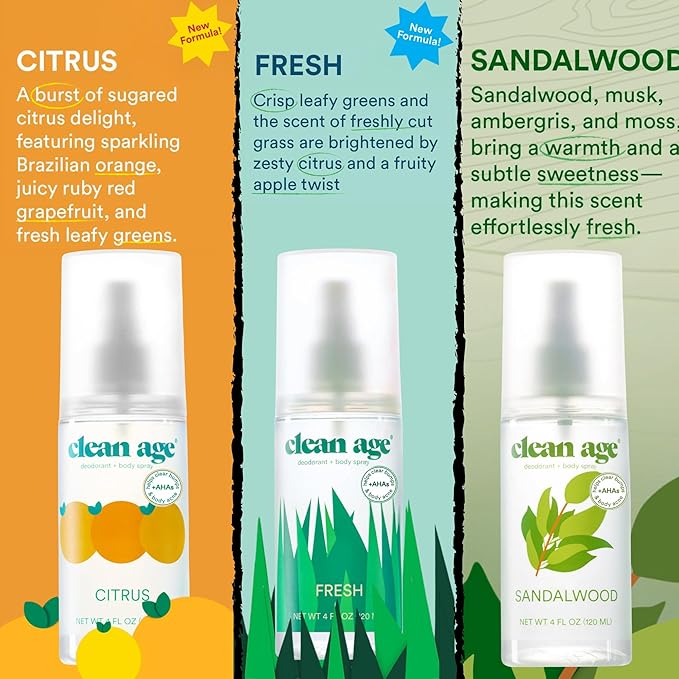 Aluminum Free Deodorant & Body Spray for Whole Body - 3 Pack 4oz ea - Everyday Essentials (Citrus, Fresh and Sandalwood) - Clean Deodorant and Body Spray for Teen Boys and Girls