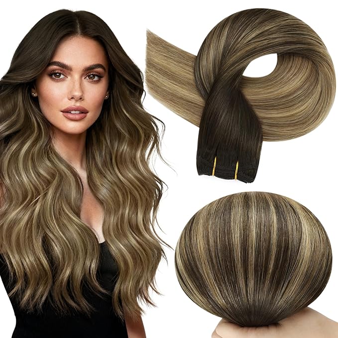 Full Shine Weft Hair Extensions Human Hair Remy Straight Hair Weft Extensions Sew In Hair Extensions Balayage Color Brown To Ash Brown Mix Blonde Human Hair Bundles For Women 14 Inch 100G