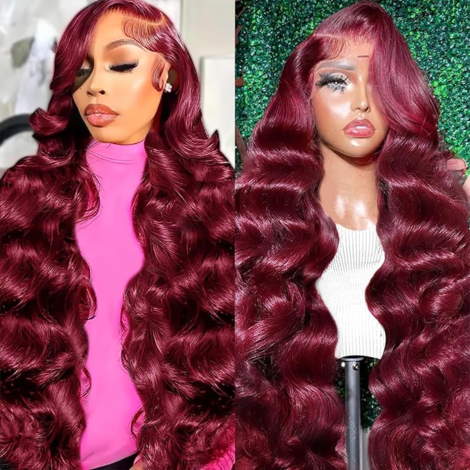 99J Burgundy Body Wave Lace Front Wigs Human Hair 26 Inch 99J Human Hair Wig 200 Density 13x6 HD Lace Front Hair Pre Plucked With Baby Hair Colored Wigs