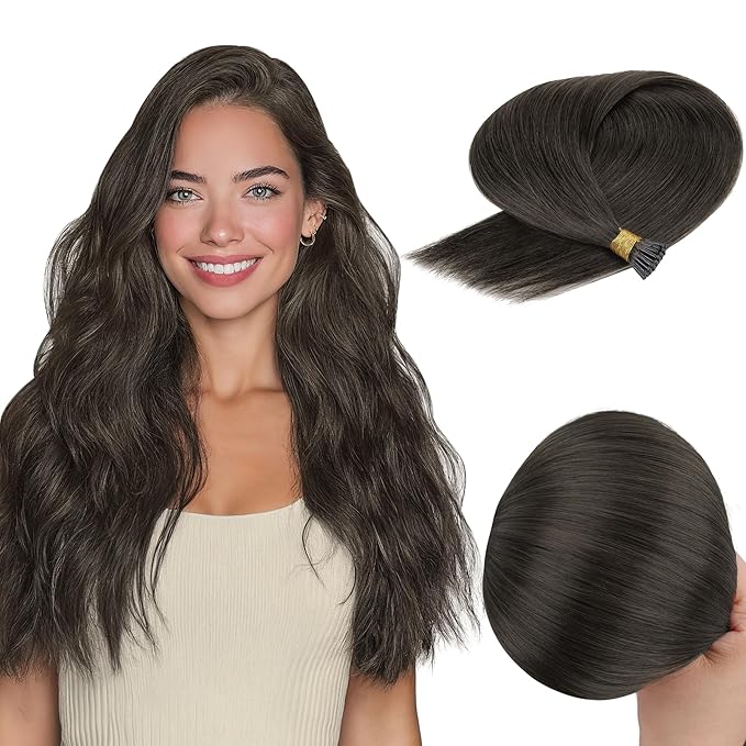 GOO GOO I Tip Hair Extensions, Real Human Hair, 16inch 50g 100S, Cold Fusion I Tip, Invisible Remy, 1C Mocha Brown