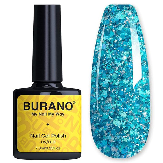 BURANO Glitter Nail Polish, LED UV Shimmer Holographic Effect Soak Off, No Chip Sparkle Polish for Home DIY Nail Salon (Lake Blue LP5)