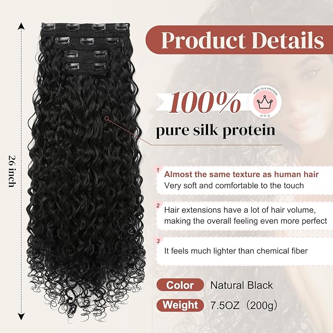 LONAI 4PC Clip in Hair Extensions, 100％ Pure Protein Silk Curly Hair Extension for Women, 26 Inch Long Soft Natural Hair Extensions-Natural Black