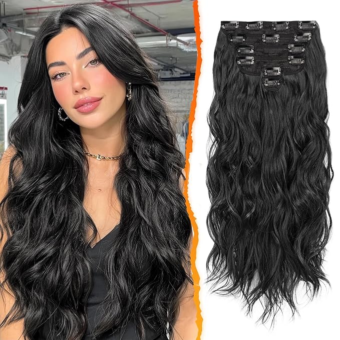 BARSDAR Wavy Black Clip in Hair Extensions - Black Wavy Clip in Hair Extensions for Women - 20 Inch 6 PCS Easy Wear Thick Soft Synthetic Natural Looking Hairpieces Daily Party Halloween