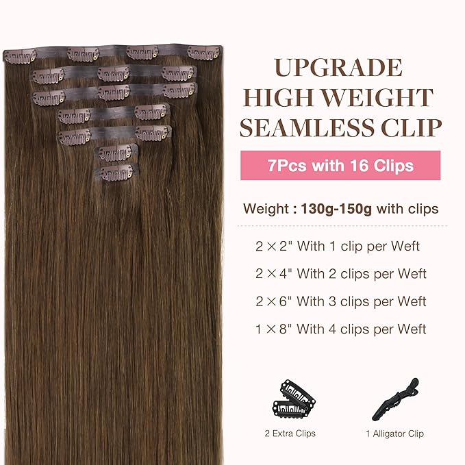 GOO GOO Clip in Hair Extensions Real Human Hair, Remy Human Hair Extensions Clip ins for Women, Natural Human Hair, 22inch 150g 7Pcs, 4A Chocolate Brown