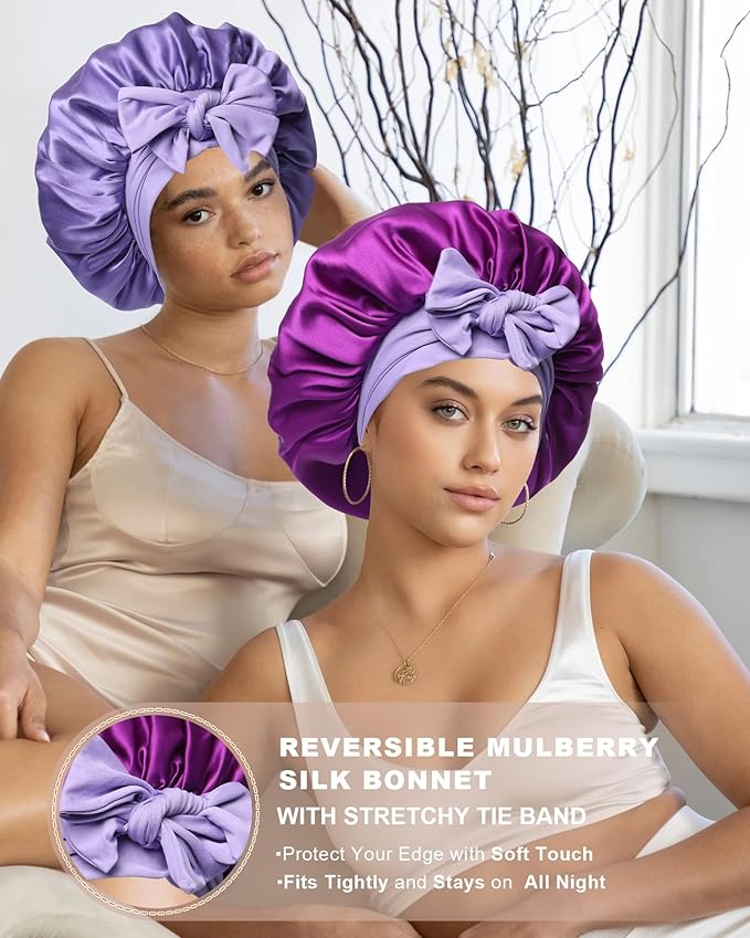 Mulberry Silk Bonnet Sleeping Women Curly Hair Bonnets Tie Band Double Layer Reversible Sleep Bonnet Silk Hair Wrap Sleep Cap