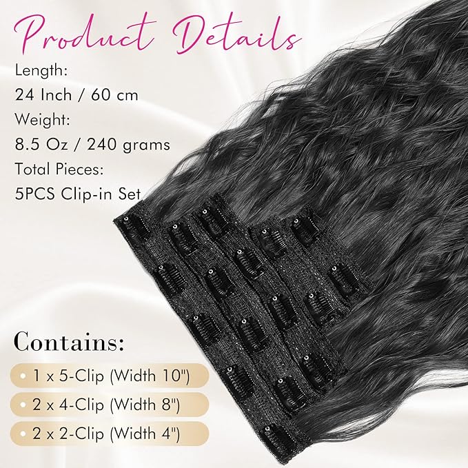 Clip in Hair Extensions, REECHO 5PCS Brown Hair Extensions 24" Thick Long Loose Waves hair extensions HE002 Invisible Lace Weft Natural Soft Hairpieces for Women – Jet Black