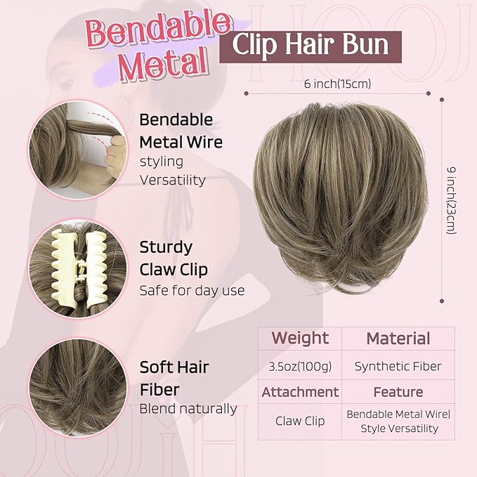 HOOJIH Messy Bun Hair Piece, Claw Clip in Straight Hair Bun 9 Inch Short Ponytail Extension with Bendable Metal Wire Hair Pieces for Women Fake Hair Bun - Chocolate Brown Ash Blonde Highlights