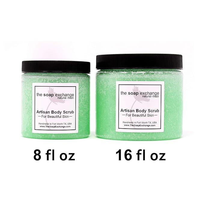 The Soap Exchange Sugar Body Scrub - Cool Mint Scent - Hand Crafted 8 fl oz / 240 ml Natural Artisan Skin Care, Shea Butter, Exfoliate, Moisturize, & Protect. Made in the USA.
