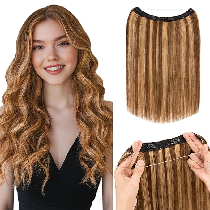 Hairro Wire Hair Extensions Human Hair, Fish Line Invisible Adjustable & Clips in Extensions Straight, 100% Real Hairpieces Seamless Blending for Women, 22 Inch 100g Medium Brown Mix Dark Blonde