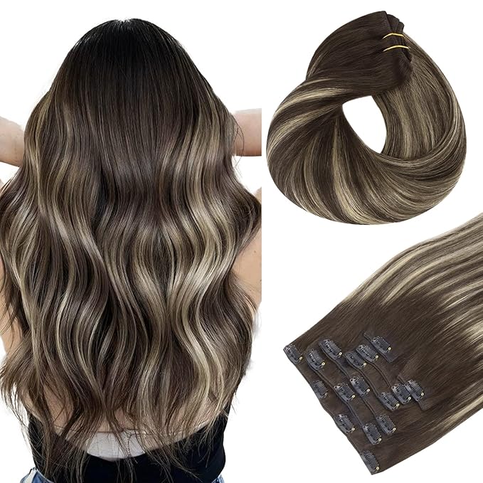 HOTBANANA Human Hair Clip in Hair Extensions, Balayage Natural Black to Light Blonde 75g Clip in Hair Extensions Real Human Hair Straight Remy Hair Clip Ins Dark Roots Ombre 12 Inch 7pcs