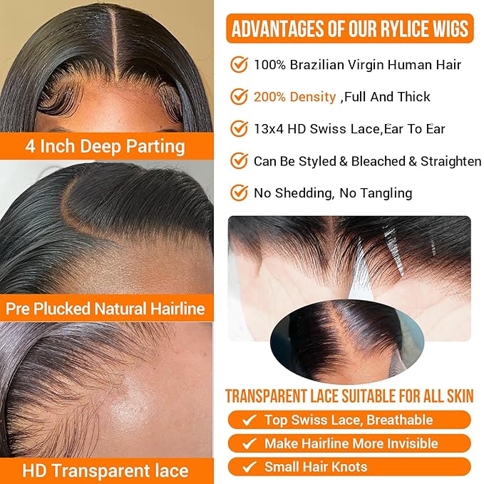 13x4 HD Lace Front Human Hair Wig 32 Inch Natural Black Body Wave Wigs Human Hair 200 Density 12A Glueless Wigs Lace Front Wigs Pre Plucked Glueless Frontal Wig for Women
